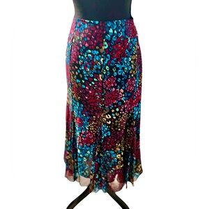 Dana Buchman Silk Chiffon Black Print Flowy Midi Skirt Size 12